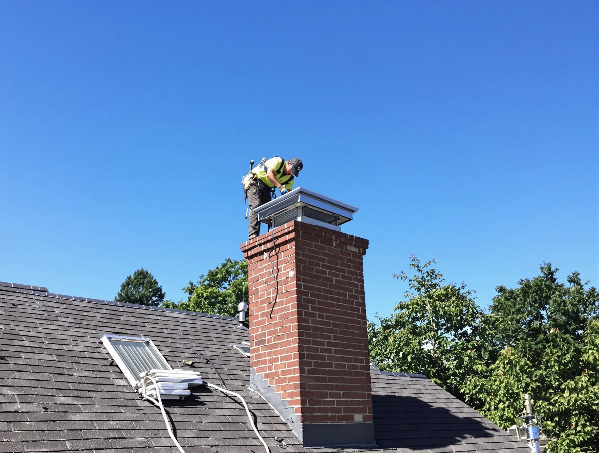 Little Egg Harbor Chimney Sweep technician measuring a chimney cap in Little Egg Harbor, NJ